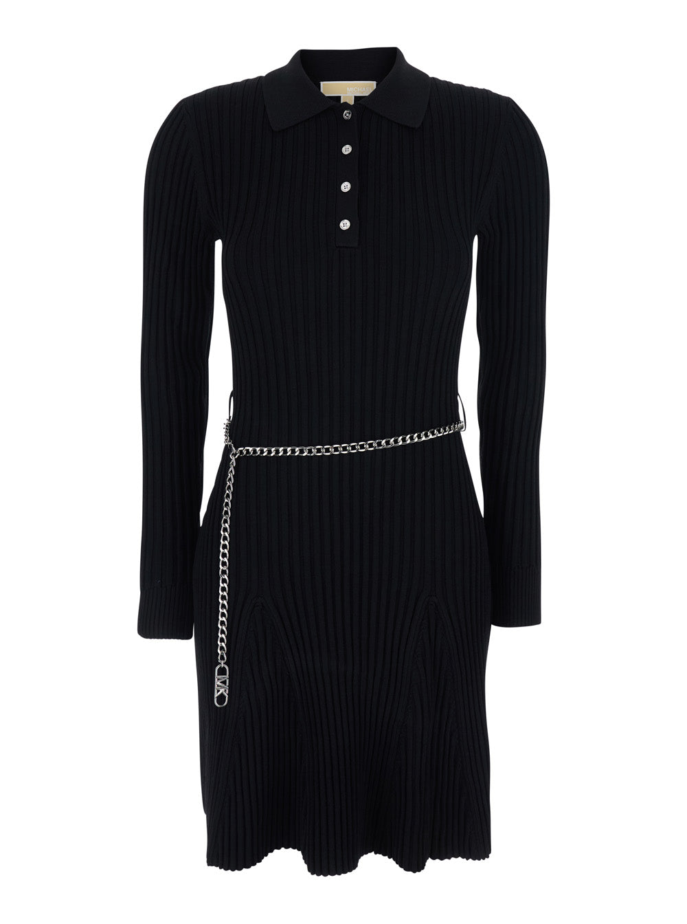 Flared Dress With Polo Collar And Chain On The Front Black Viscose Blend For Women