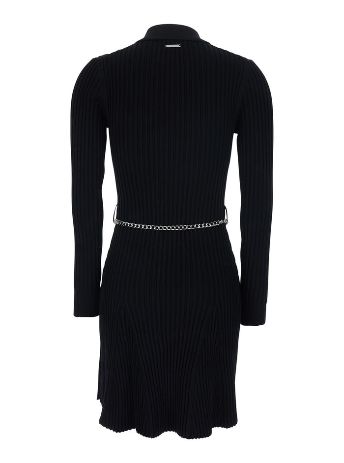 Flared Dress With Polo Collar And Chain On The Front Black Viscose Blend For Women