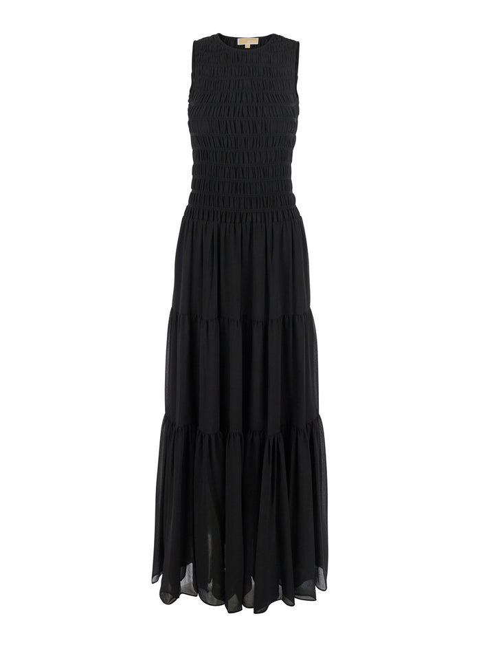 Long Black Dress with Ruffles and Flounce Skirt in Tech Fabric for Women Polyester