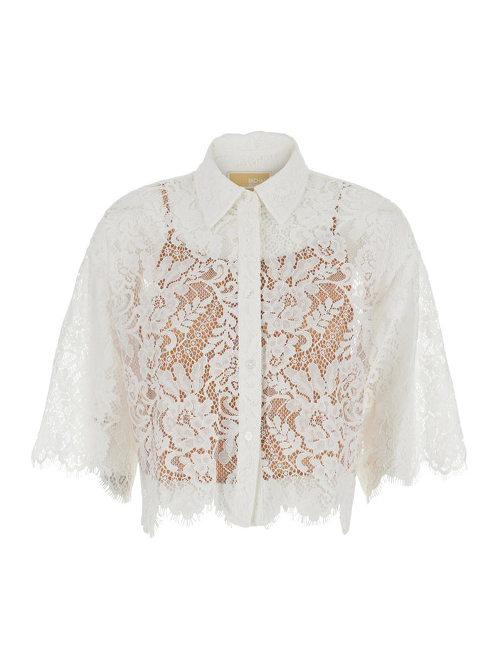 White Shirt with Classic Collar and Lace Design in Cotton Blend for Women Nylon Blouses