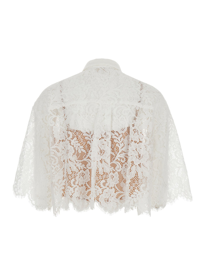 White Shirt with Classic Collar and Lace Design in Cotton Blend for Women Nylon Blouses