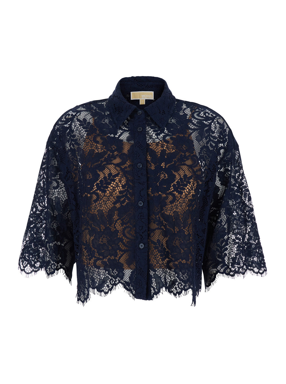 Black Shirt with Classic Collar and Lace Design in Tech Fabric for Women Blu Nylon Cotton Blouses