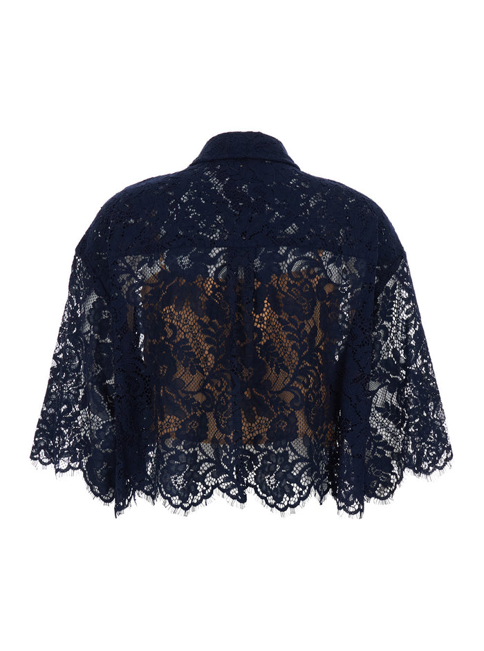 Black Shirt with Classic Collar and Lace Design in Tech Fabric for Women Blu Nylon Cotton Blouses