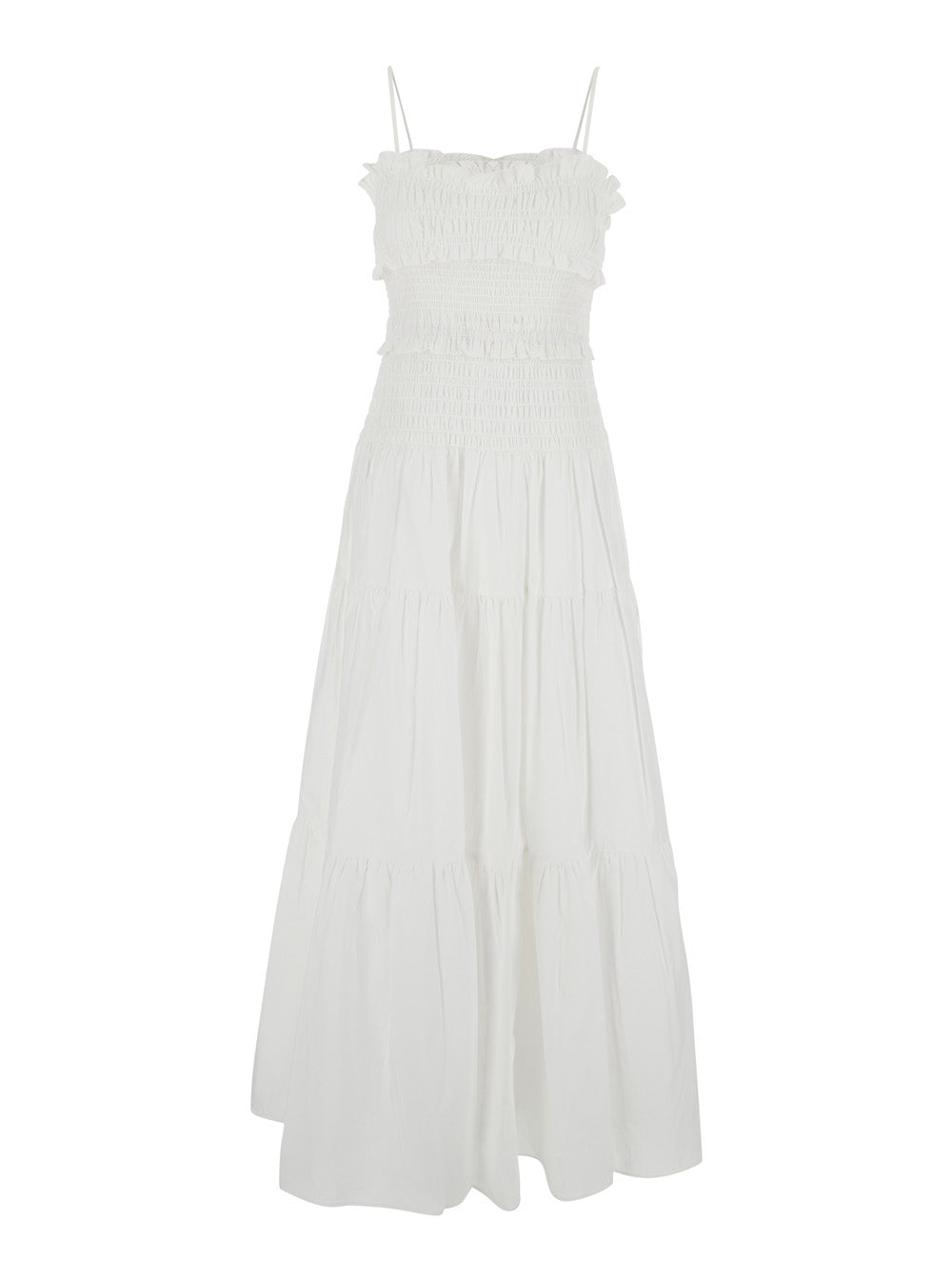Dress Smocked Maxi White with V-Neck and Ruffled Details in Organic Cotton for Women Long
