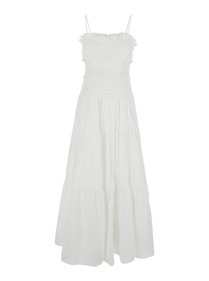 Dress Smocked Maxi White with V-Neck and Ruffled Details in Organic Cotton for Women Long