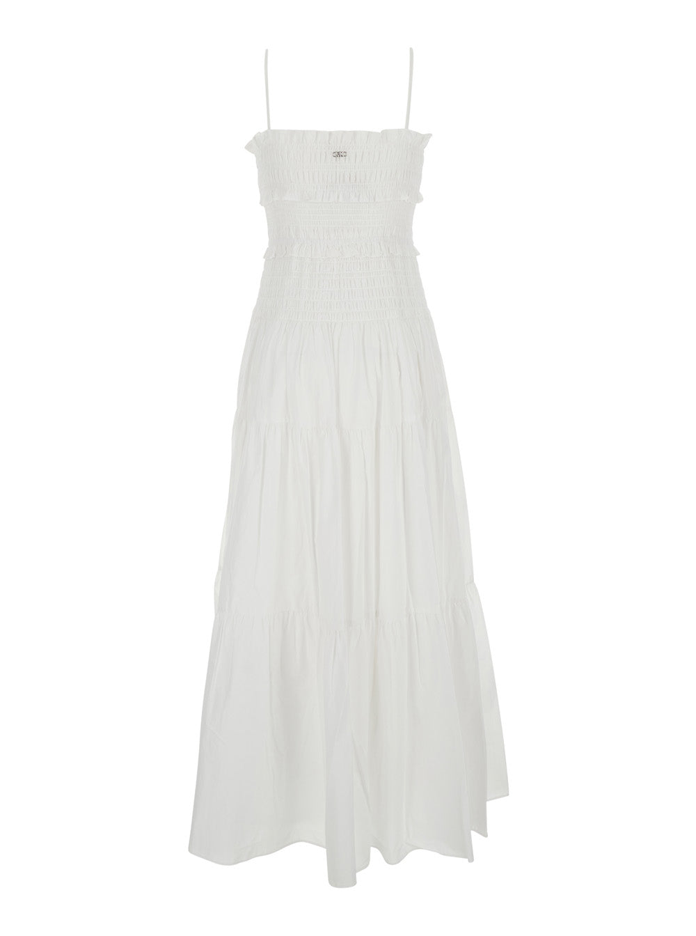Dress Smocked Maxi White with V-Neck and Ruffled Details in Organic Cotton for Women Long