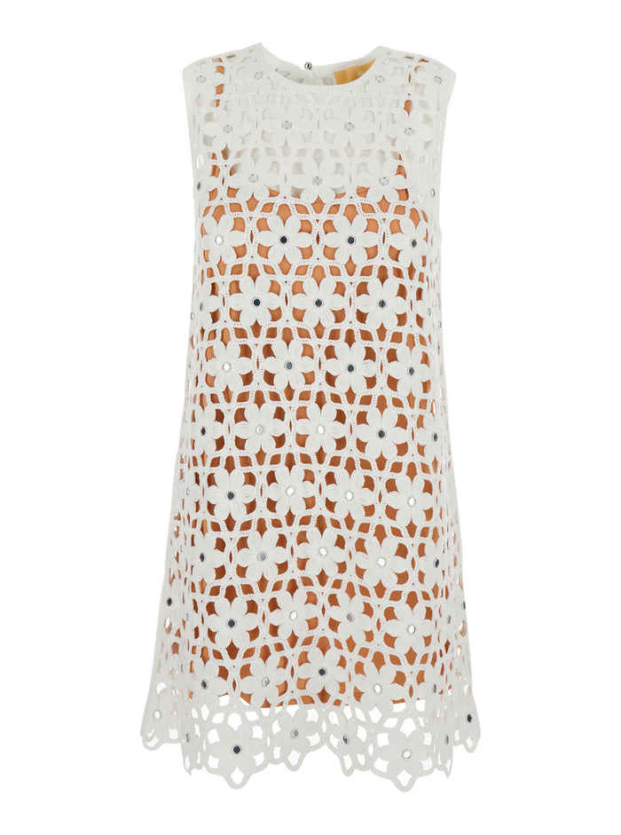 Faux Crochet Mini Dress White Elegant Design Polyester Women