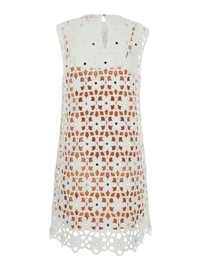 Faux Crochet Mini Dress White Elegant Design Polyester Women