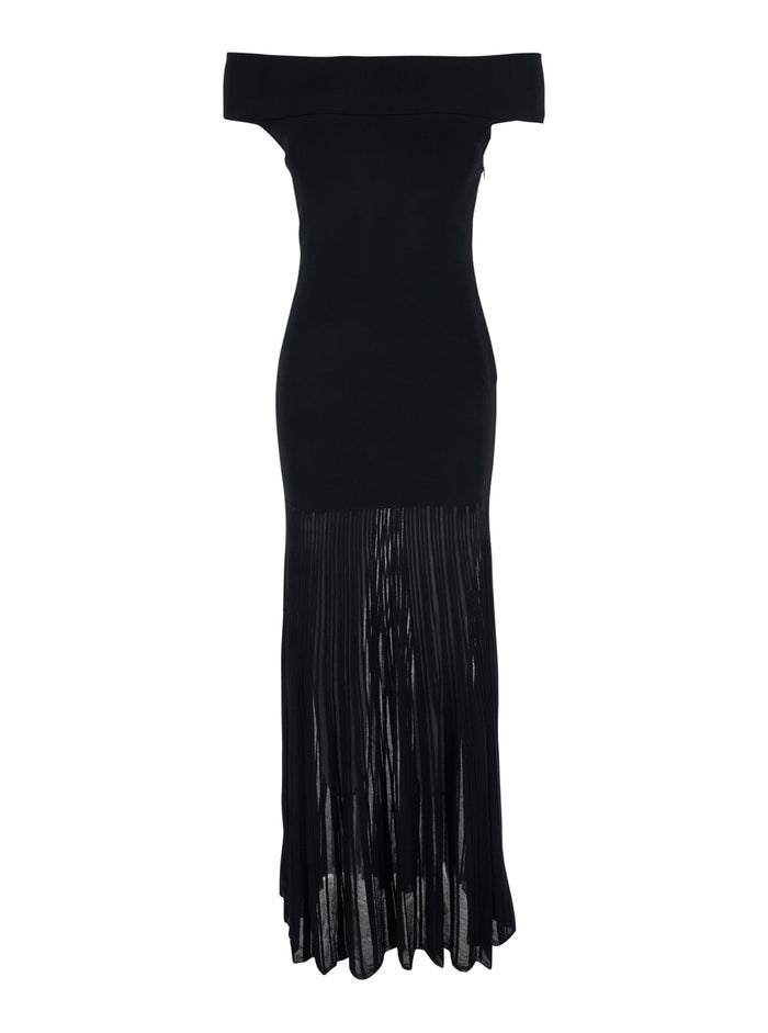 Long black Dress with Dropped shoulders and Pleated details in viscose for women Nylon