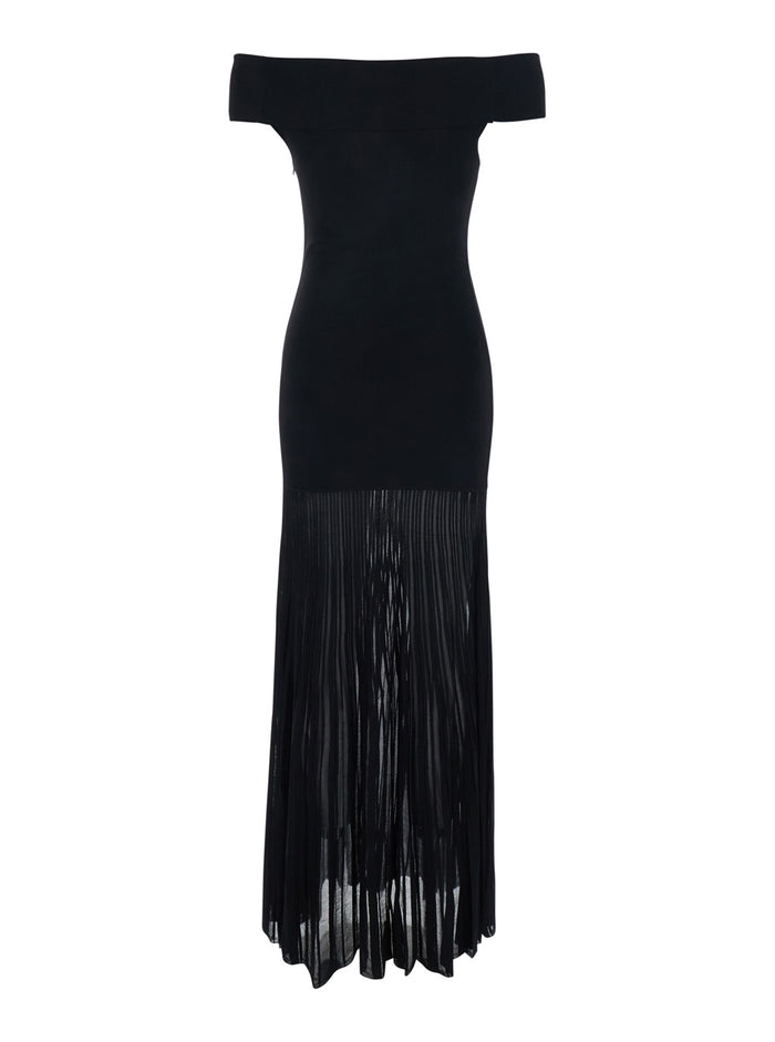 Long black Dress with Dropped shoulders and Pleated details in viscose for women Nylon