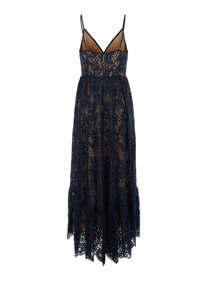 Blue Long Dress with V-neck and Lace Design in Cotton Blend for Women Blu Nylon