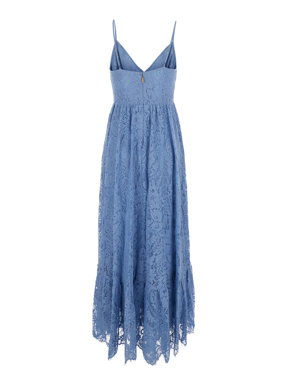 Long Dress with V-neck and Lace Design in Blue Cotton Blend for Women Light Nylon