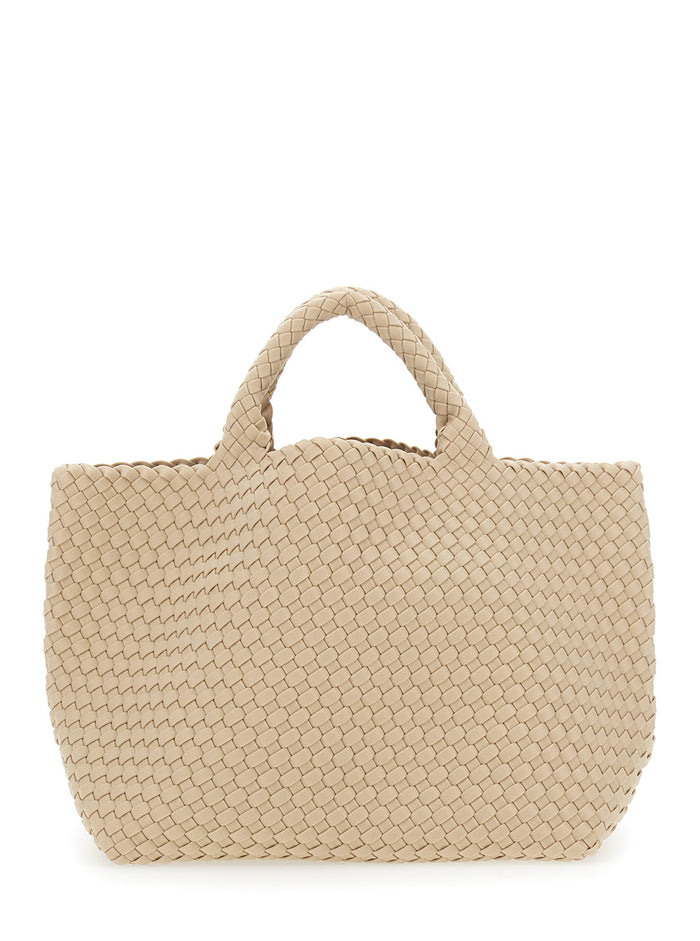 Handbag St Barths Media with Intreccio Design in Beige Fabric for Women Handwoven Neoprene Hand Bags