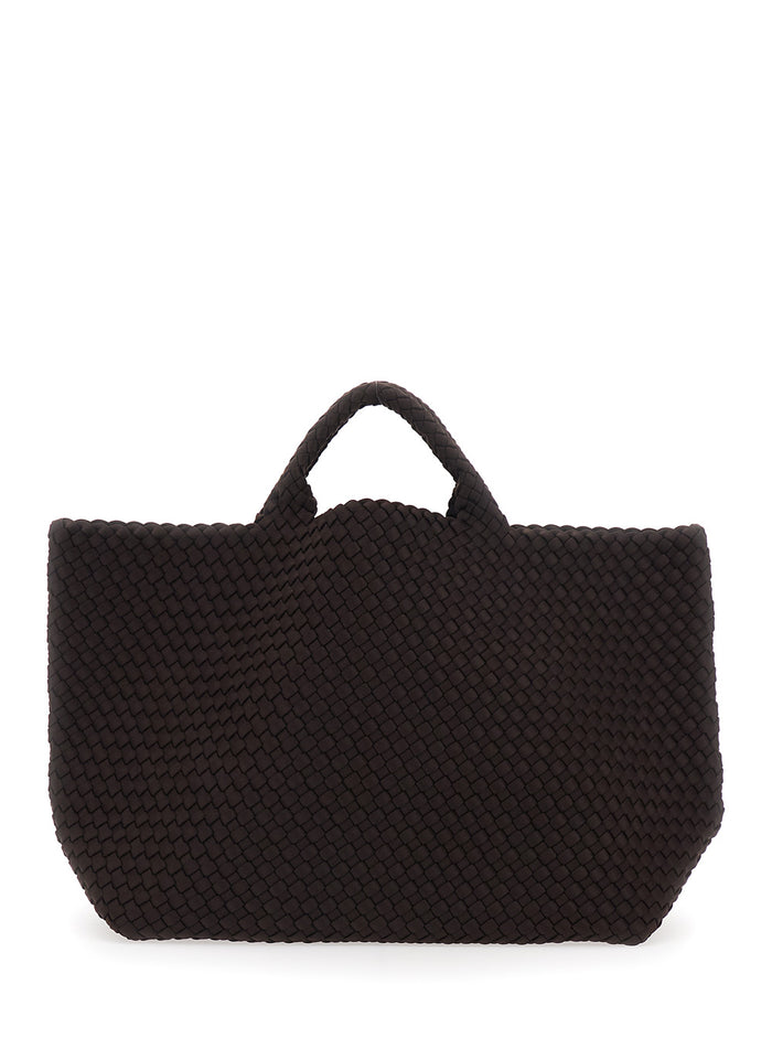 Large St Barths Handbag with Intreccio Motif and Internal Pouch Black Ecoleather Zip for Women Brown Hand Bags