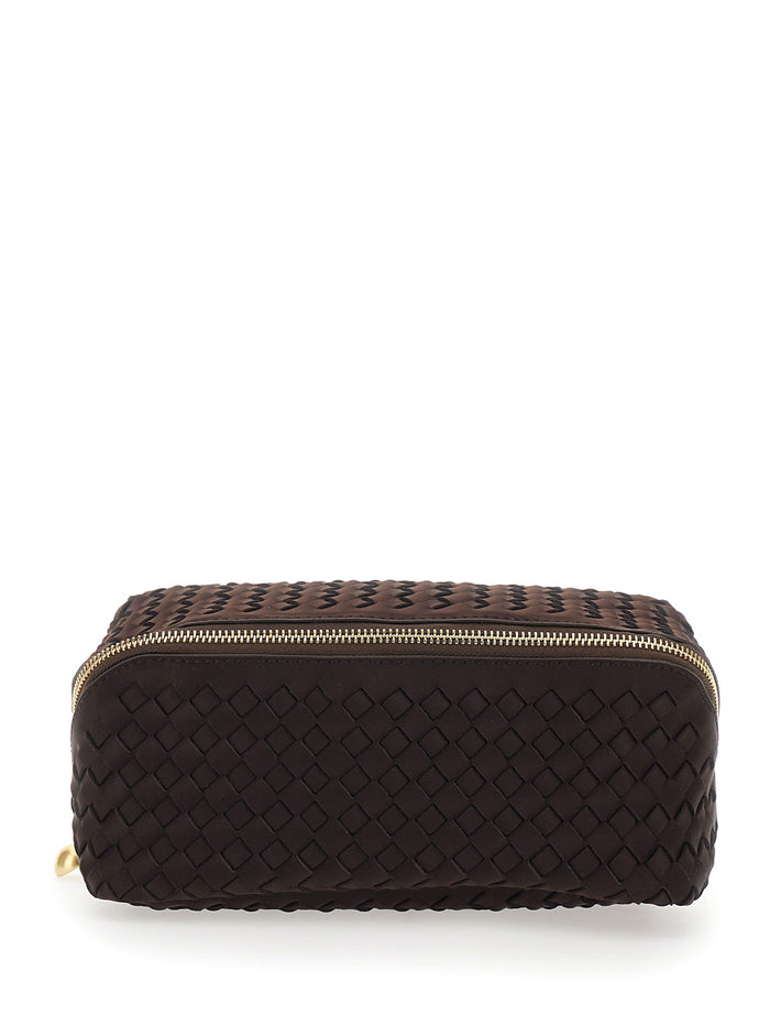 Brown Handbag With Intreccio Motif And Zip Closure Ecoleather For Women Clutches Pochettes