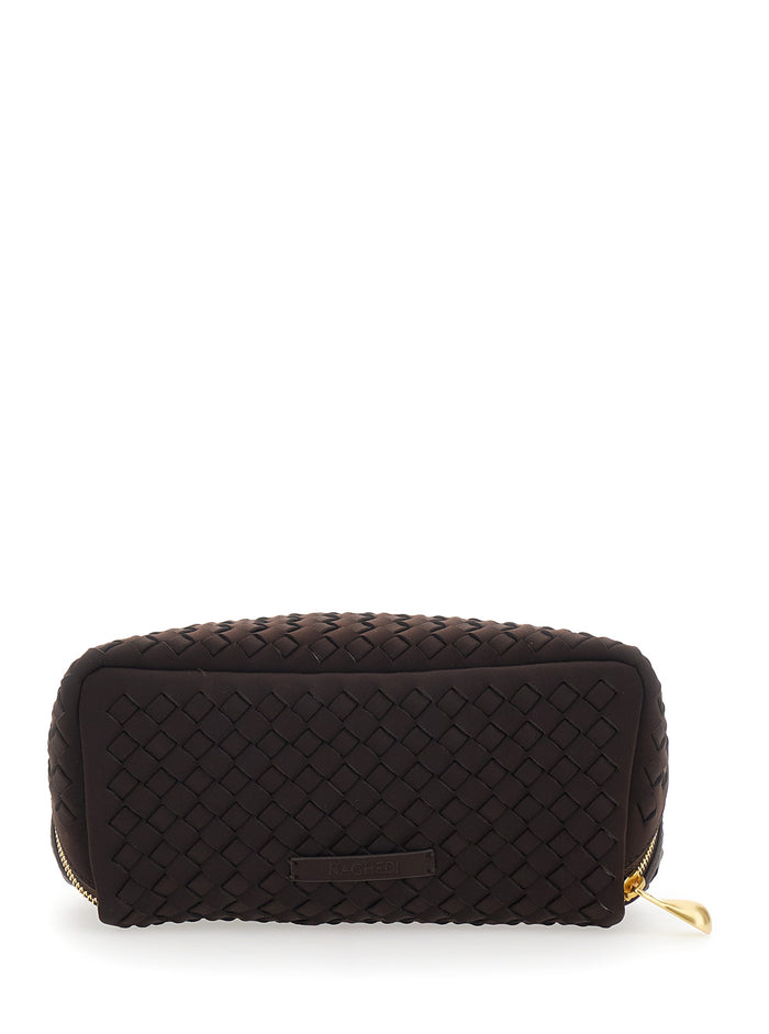 Brown Handbag With Intreccio Motif And Zip Closure Ecoleather For Women Clutches Pochettes