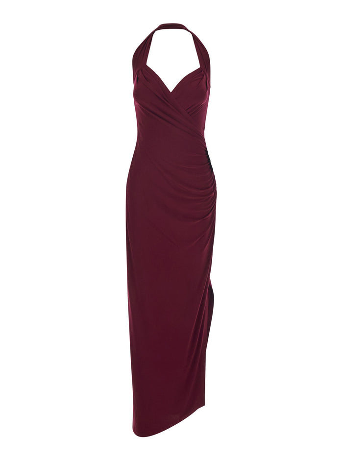 Long Sleeveless Dress KK4253 with American Neckline and Asymmetrical Design in Stretch Tech Fabric Bordeaux Women Polyamide Elastane