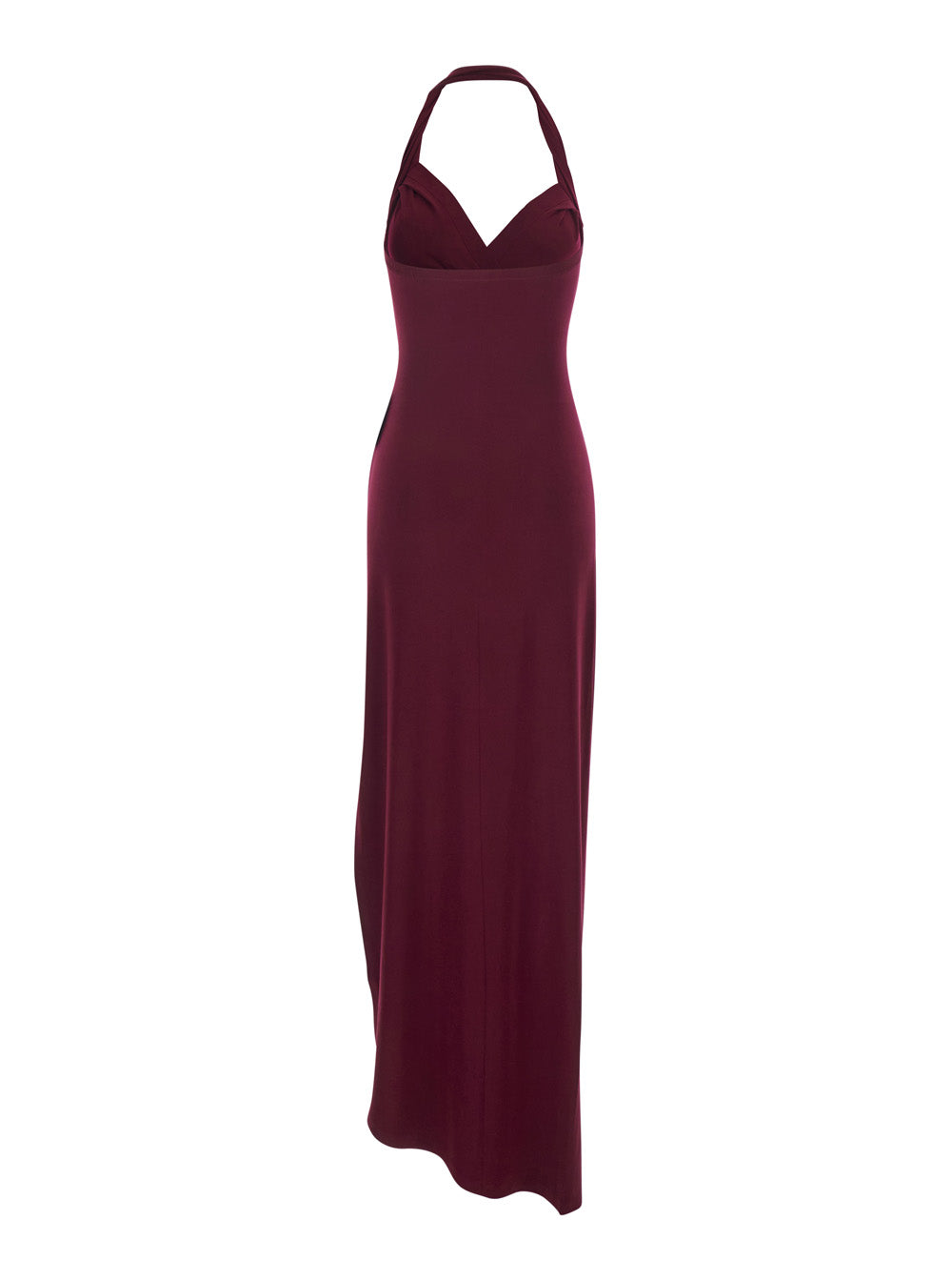 Long Sleeveless Dress KK4253 with American Neckline and Asymmetrical Design in Stretch Tech Fabric Bordeaux Women Polyamide Elastane