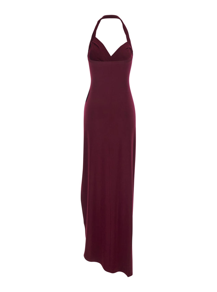 Long Sleeveless Dress KK4253 with American Neckline and Asymmetrical Design in Stretch Tech Fabric Bordeaux Women Polyamide Elastane