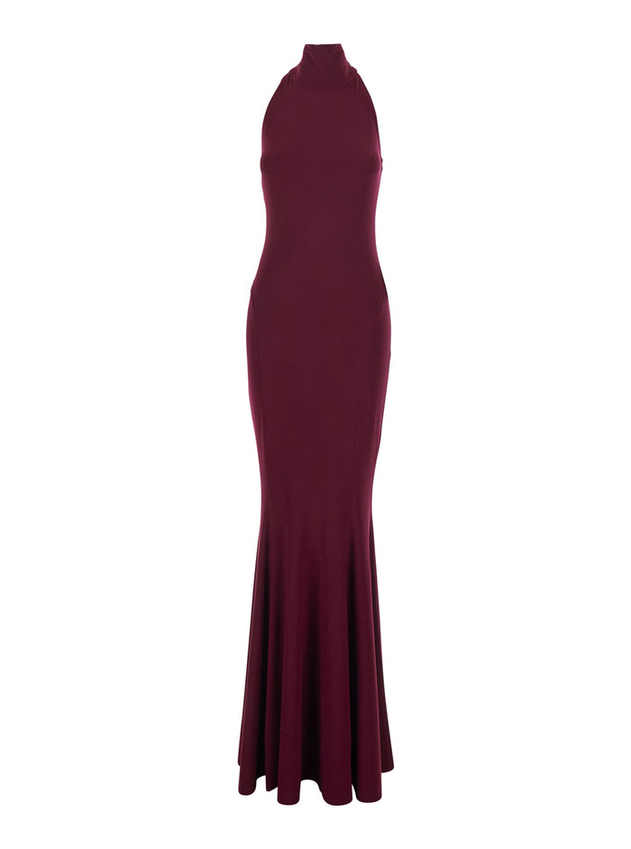 Long Sleeveless Dress with American Neckline in Stretch Tech Fabric Bordeaux Women Polyamide Elastane