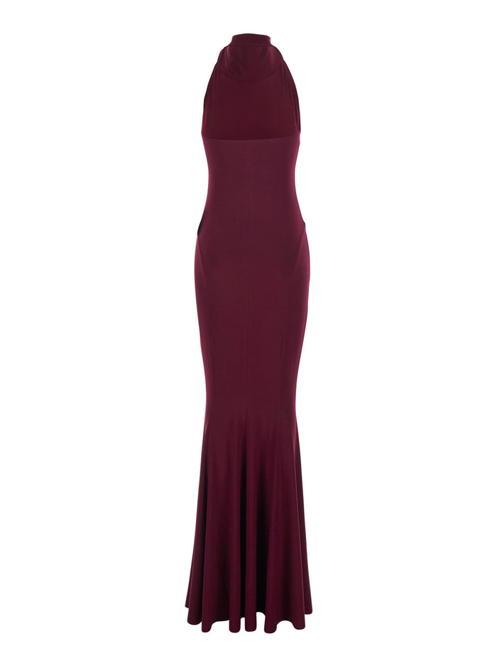 Long Sleeveless Dress with American Neckline in Stretch Tech Fabric Bordeaux Women Polyamide Elastane