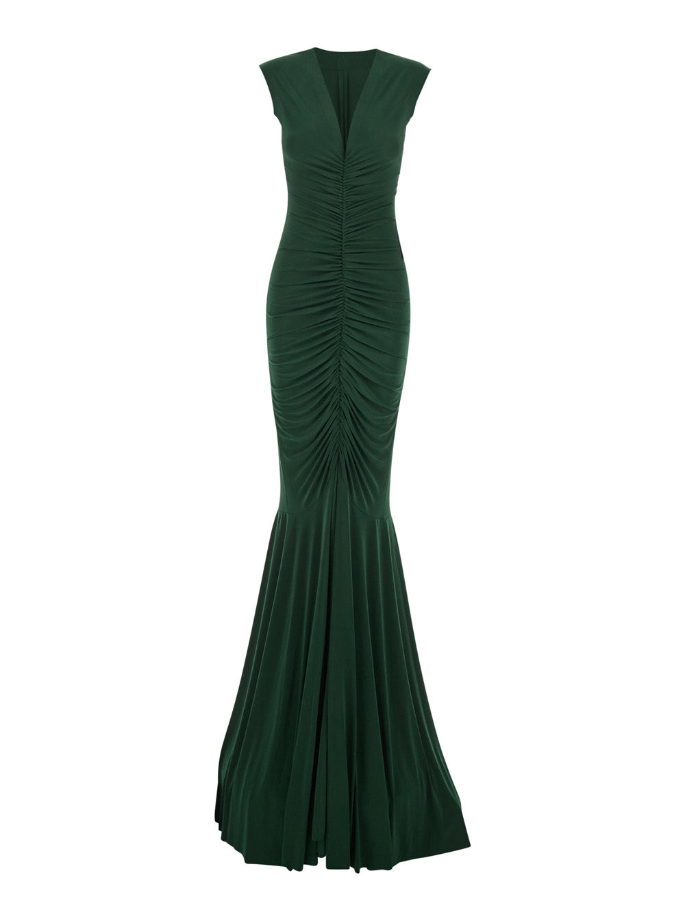 Long Dress KK4253PLD43869 with V-Neck and Flared Skirt in Green Tech Fabric for Women Polyamide Elastane