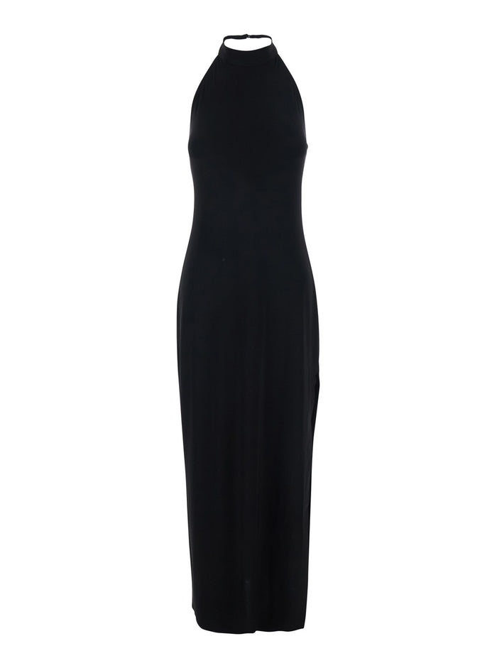 Long Halter Dress With Side Slit Black For Women