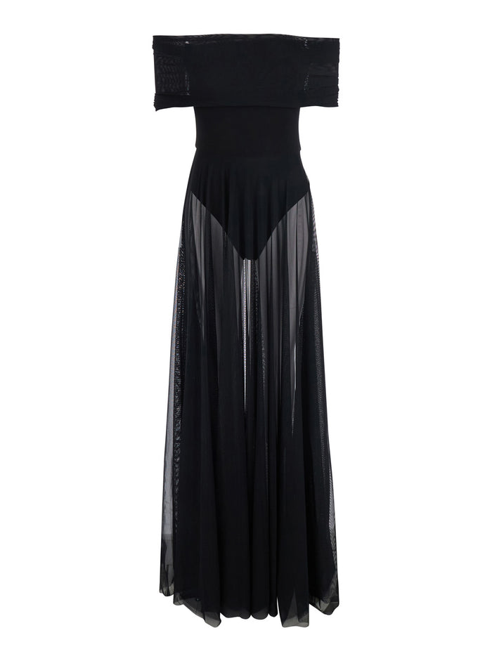 Dress Sleeveless Cowl Neck Combo Flared Gown Black - Long With Neckline And Bottom Fabric Women