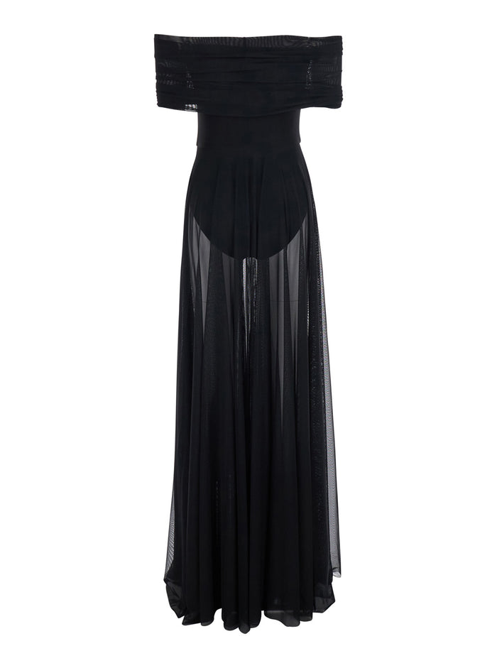 Dress Sleeveless Cowl Neck Combo Flared Gown Black - Long With Neckline And Bottom Fabric Women