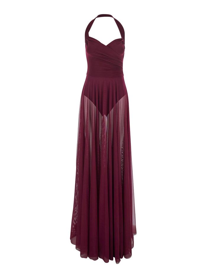 Long Dress Cayla With American Neckline And Flared Skirt Stretch Tech Fabric Bordeaux Women