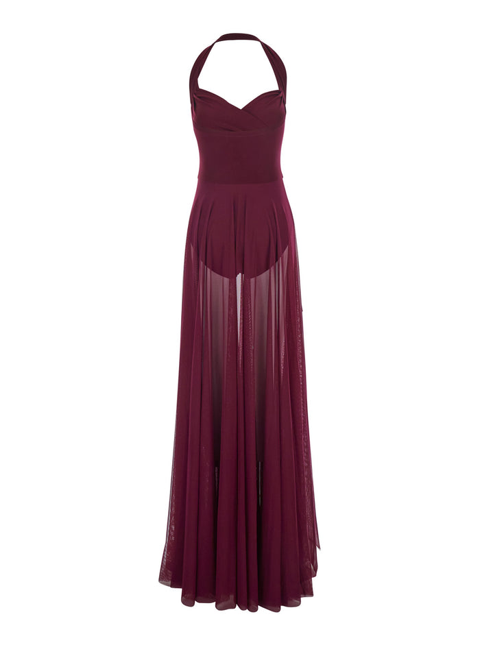 Long Dress Cayla With American Neckline And Flared Skirt Stretch Tech Fabric Bordeaux Women