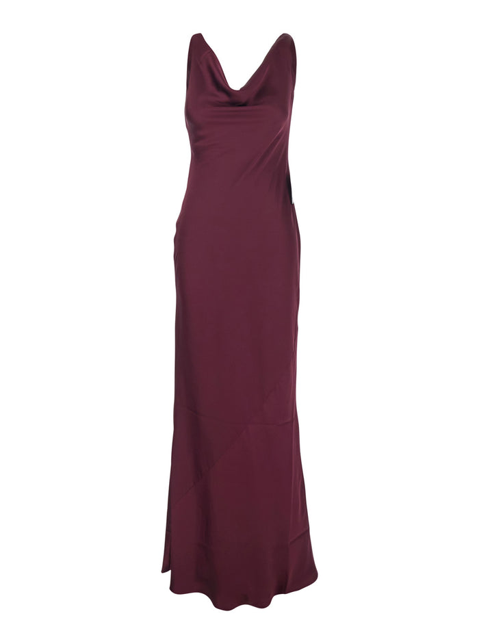Long Dress with Asymmetric Neckline and Flared Skirt in Tech Fabric Bordeaux Women Polyester
