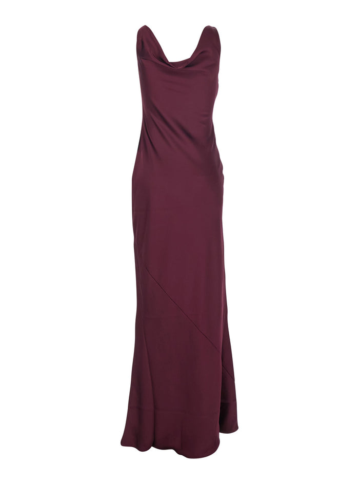 Long Dress with Asymmetric Neckline and Flared Skirt in Tech Fabric Bordeaux Women Polyester