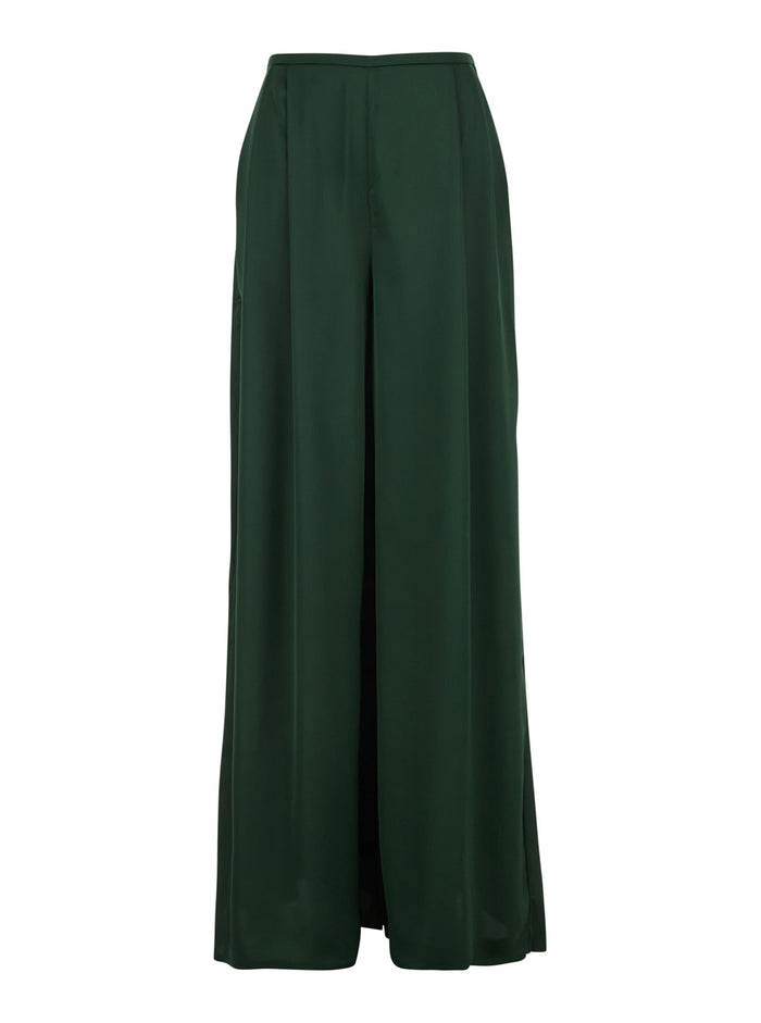High-Waisted Pants with Front Pleats and Wide Leg in Green Tech Fabric for Women Polyester Trousers