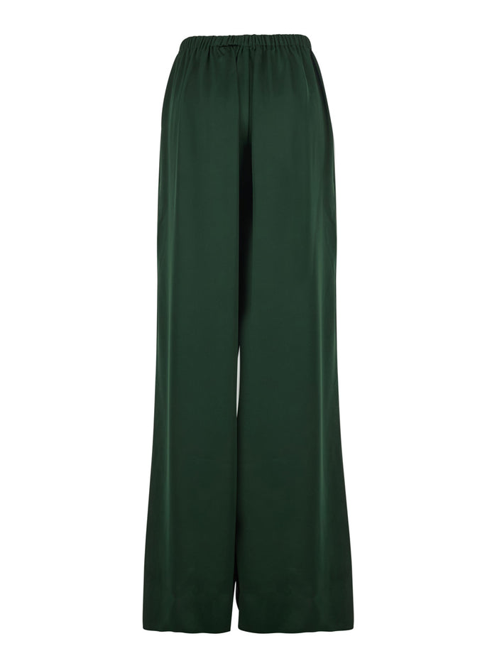 High-Waisted Pants with Front Pleats and Wide Leg in Green Tech Fabric for Women Polyester Trousers