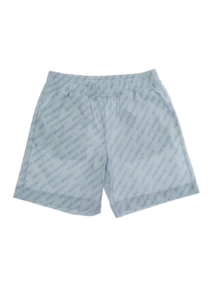 Blue Shorts with All-Over Logo Motif in Cotton for Kids Light And Bermuda