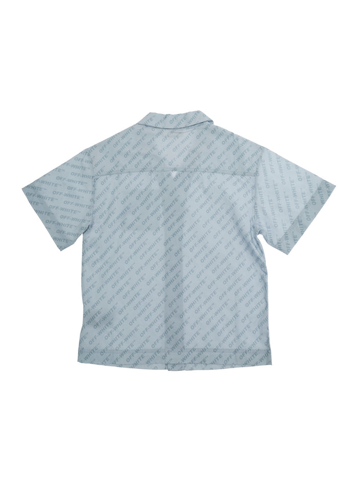 Light Blue Shirt with All-Over Logo Motif and Front Pocket in Cotton for Kids Blouses