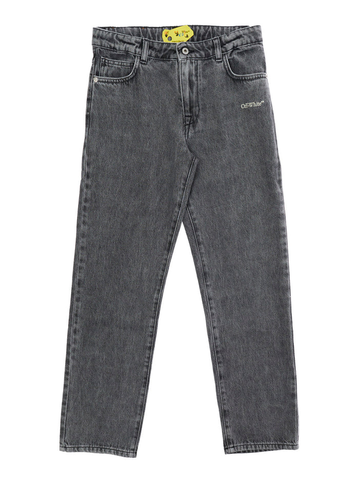 Five-Pocket Jeans With Logo On Front And Back Grey Cotton For Kids