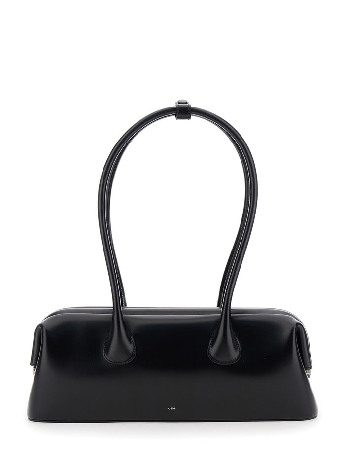 Boat Wide Black Shoulder Bag With Round Handles And Lettering Logo On The Front Leather Woman