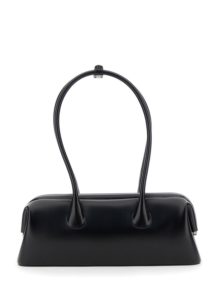 Boat Wide Black Shoulder Bag With Round Handles And Lettering Logo On The Front Leather Woman