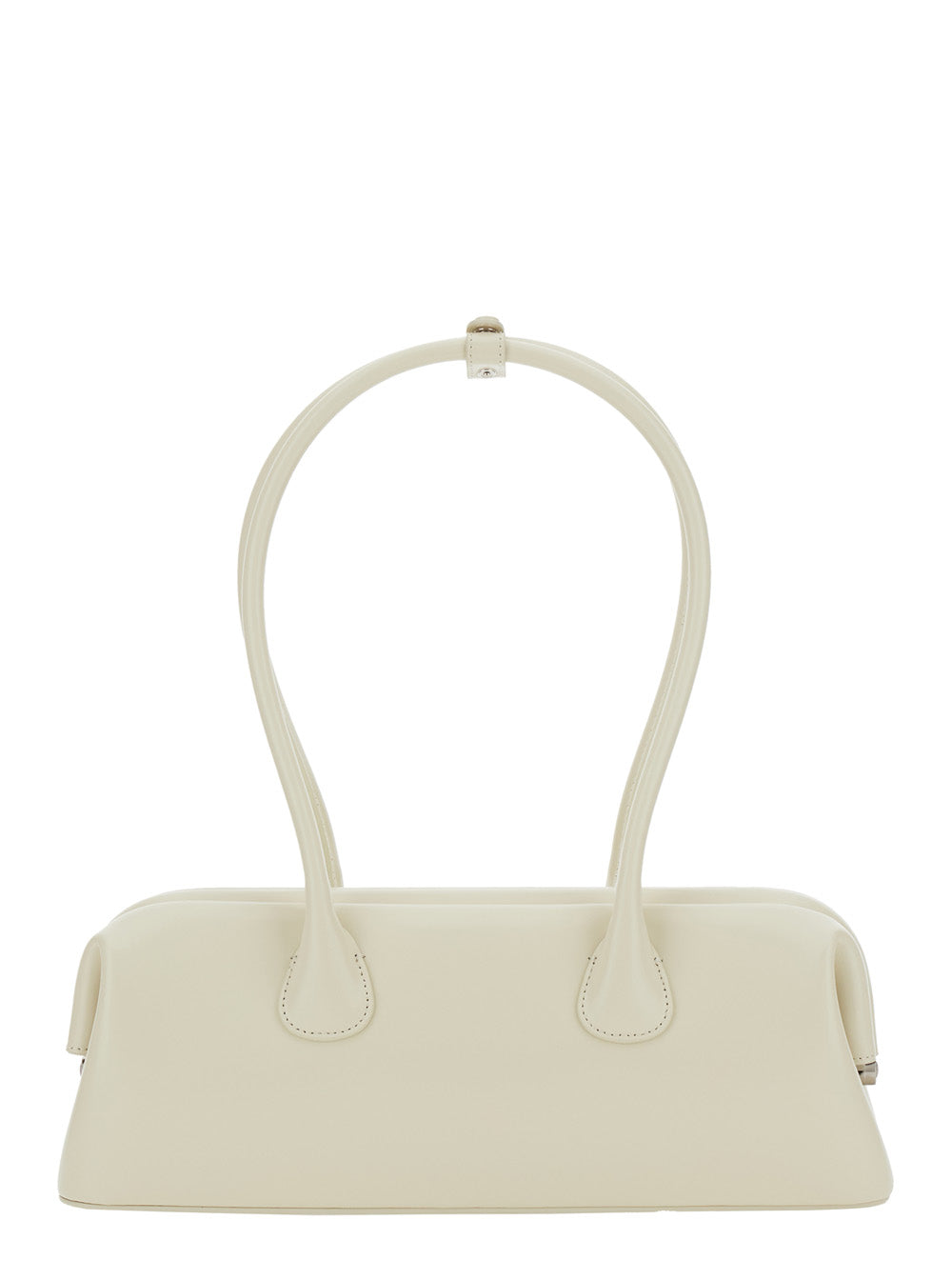 Shoulder Bag Boat with Round Handles and Lettering Logo on the Front in White Leather for Women Cow