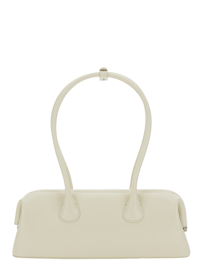 Shoulder Bag Boat with Round Handles and Lettering Logo on the Front in White Leather for Women Cow