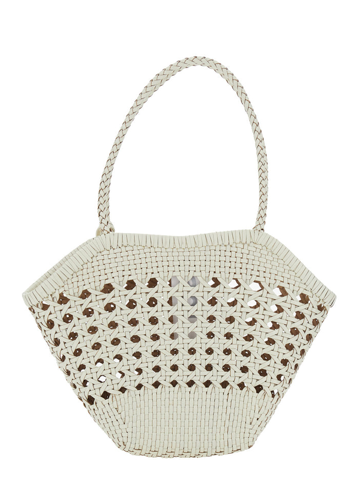 Shoulder Bag Lip with Rounded Handles and Woven Design in White Leather for Women Recycled