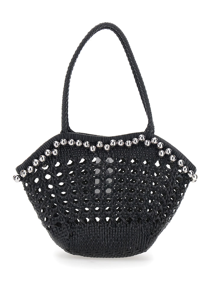 Shoulder Bag Lip with Rounded Handles and Leather Bead Details in Black for Women Recycled