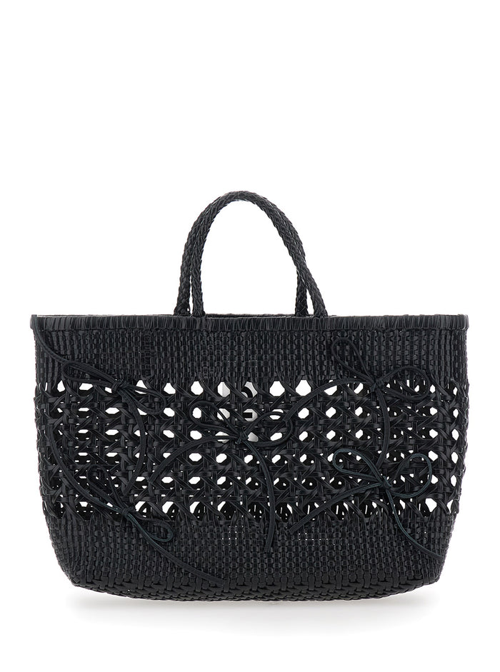 Handbag Biscuit Tote with Double Round Handles and Ecoleather Intreccio Design for Women Black Recycled Leather Hand Bags