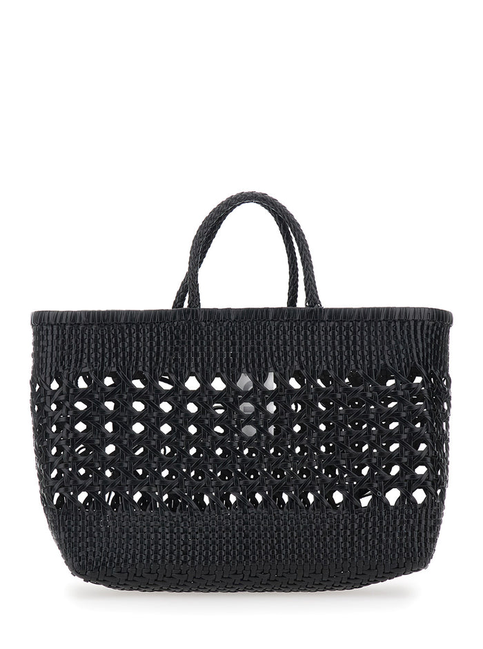 Handbag Biscuit Tote with Double Round Handles and Ecoleather Intreccio Design for Women Black Recycled Leather Hand Bags