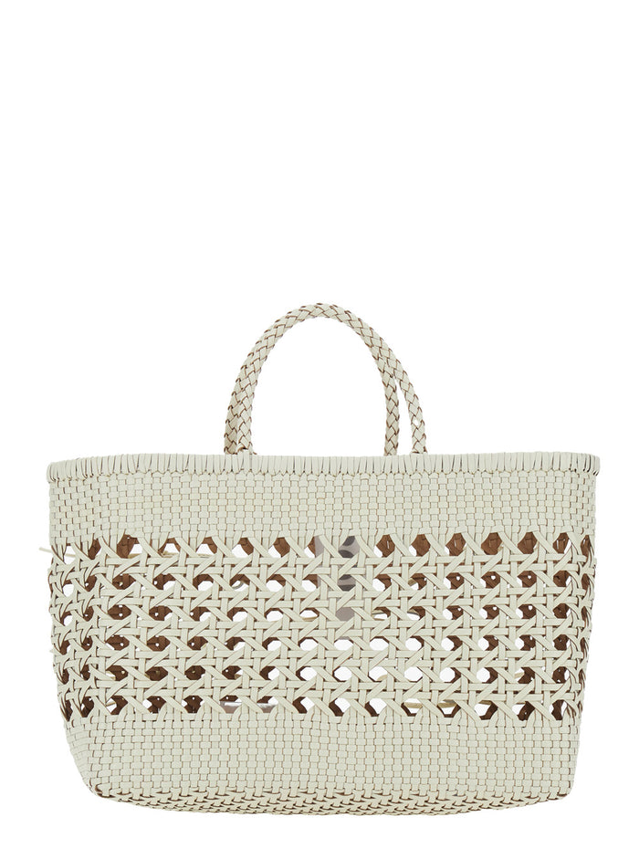 Handbag Biscuit Tote with Double Round Handles and Ecoleather Intreccio Design for Women White Recycled Leather Hand Bags