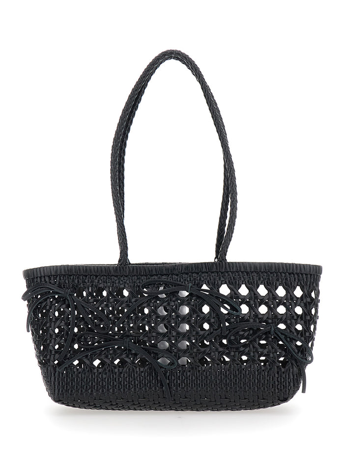 Shoulder Bag Biscuit with Double Round Handles and Ecoleather Intreccio Design for Women Black Recycled Leather