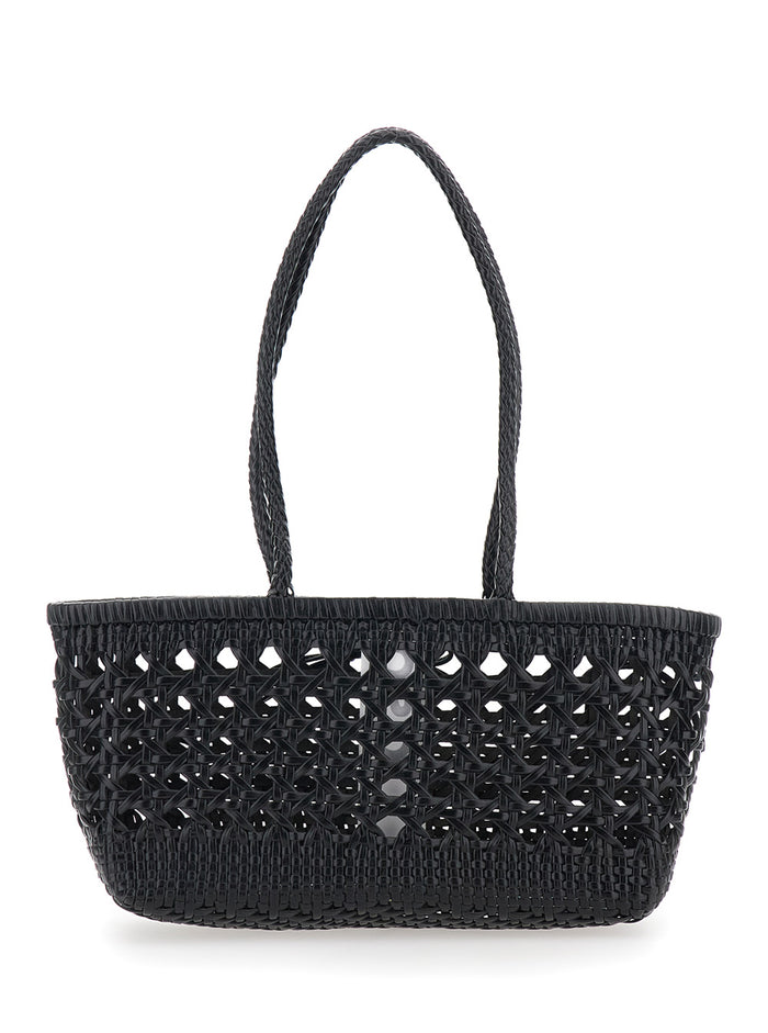 Shoulder Bag Biscuit with Double Round Handles and Ecoleather Intreccio Design for Women Black Recycled Leather