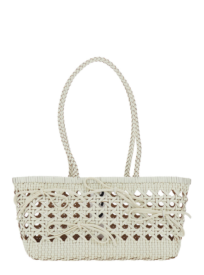 Shoulder Bag Biscuit with Double Round Handles and Ecoleather Intreccio Design for Women White Recycled Leather